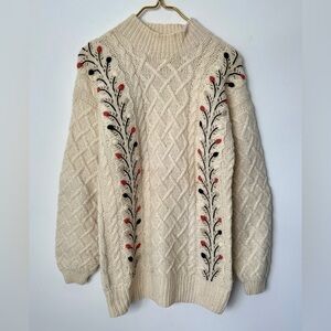 Vintage Intuitions Ivory Cream Lambswool Angora Blend Cable Knit Thick Sweater L
